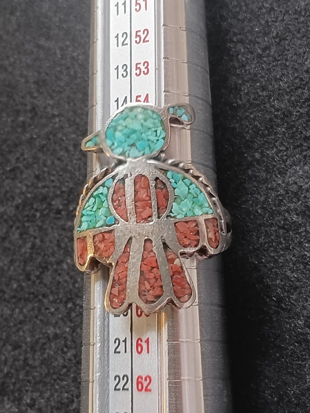Silver Hummingbird Inlay Ring with Turquoise and Coral Colors